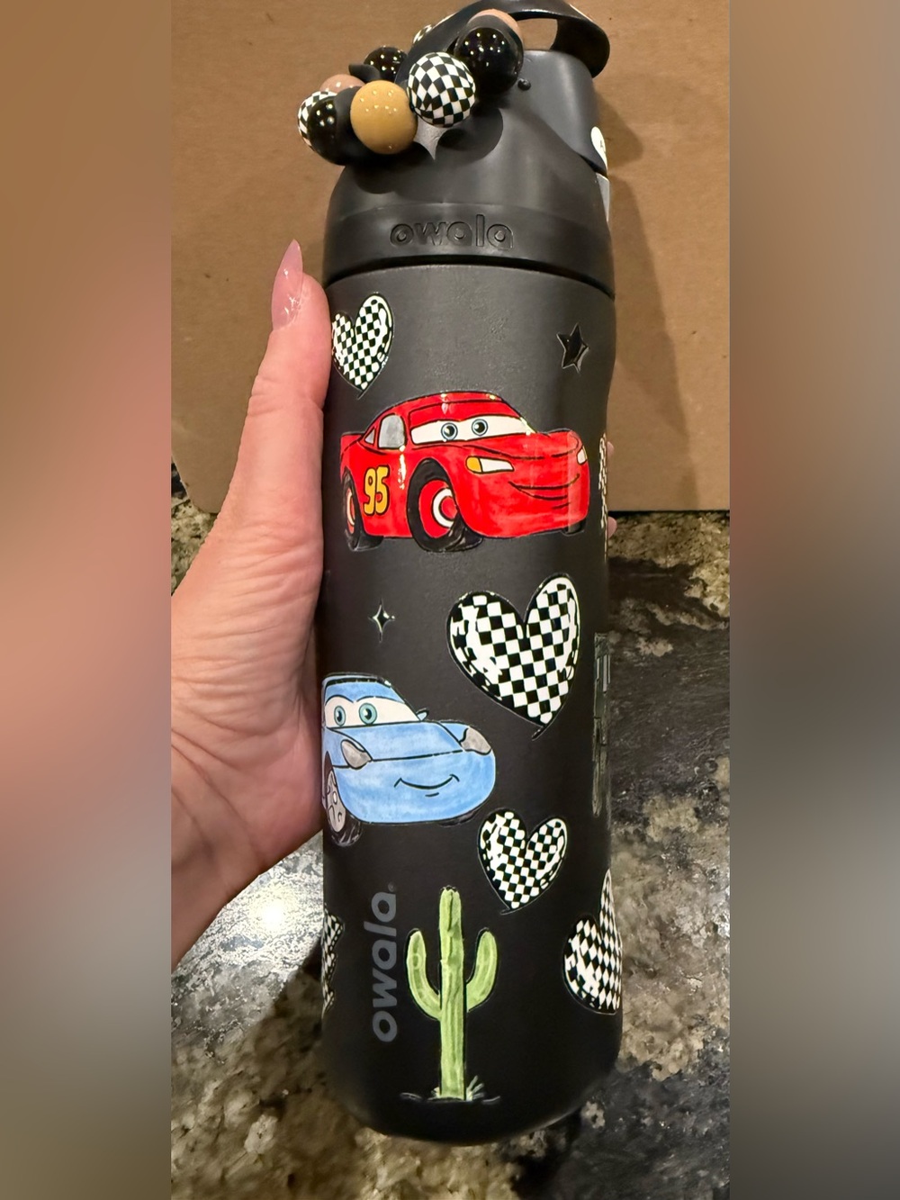Owala 24 oz Free Sip Stainless Steel Water Bottle w/ Pixar Cars Decals & Charm
